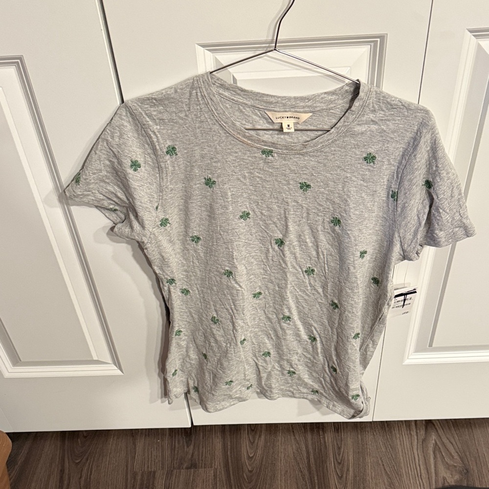Lucky Brand Gray Tee with Green Clover Pattern